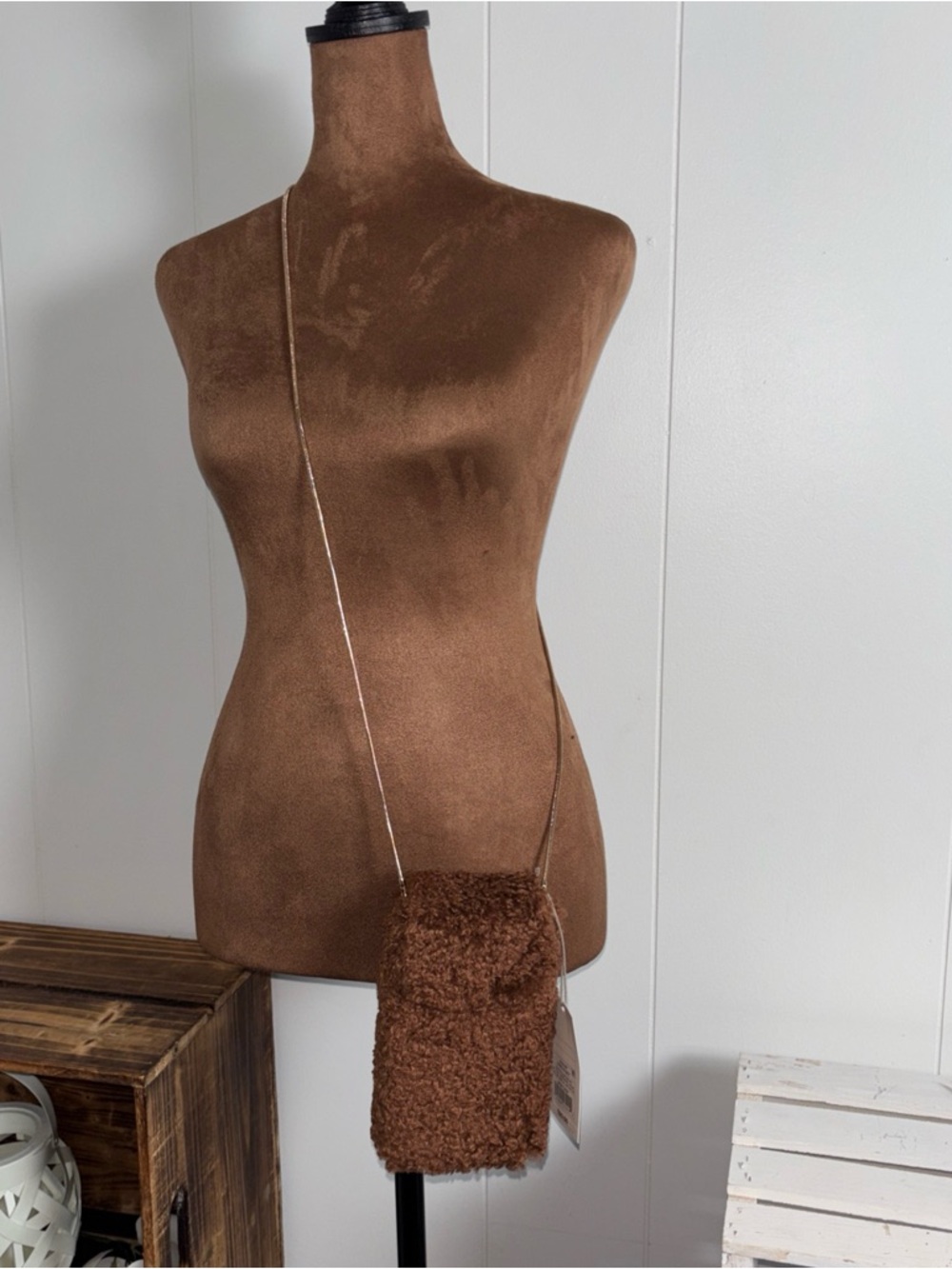 A New Day Faux Fur‎ Purse Brown/gold tone strap crossbody 7x4 New Super Soft